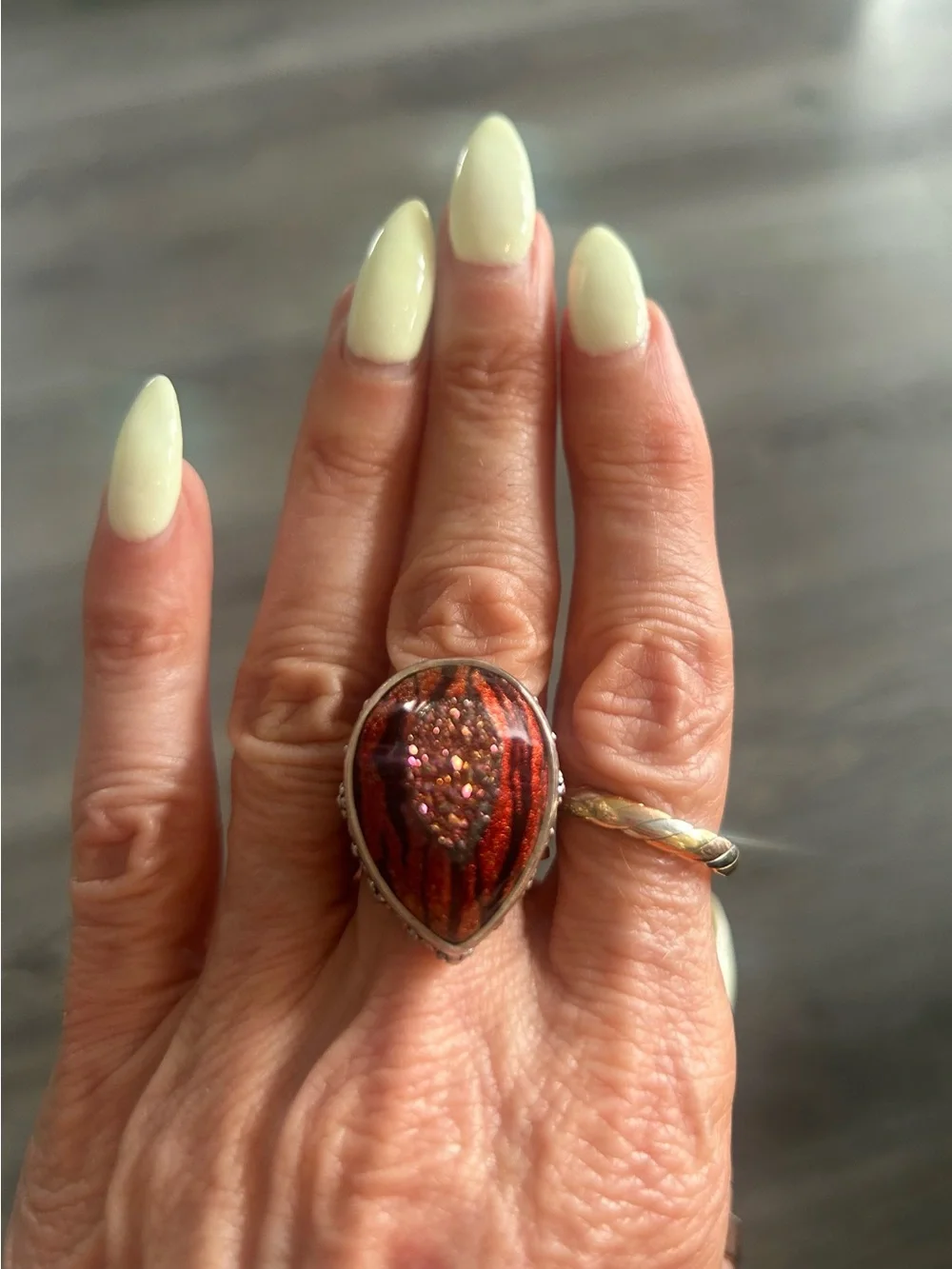 Vintage Sajen Sterling Tiger Stripe Resin Druzy Ring      Sz 7